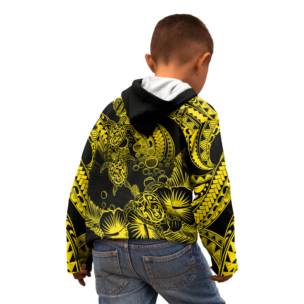 Personalised Polynesian Kid Hoodie Tribal Honu Turtle with Hibiscus Gold Version - Wonder Print Shop