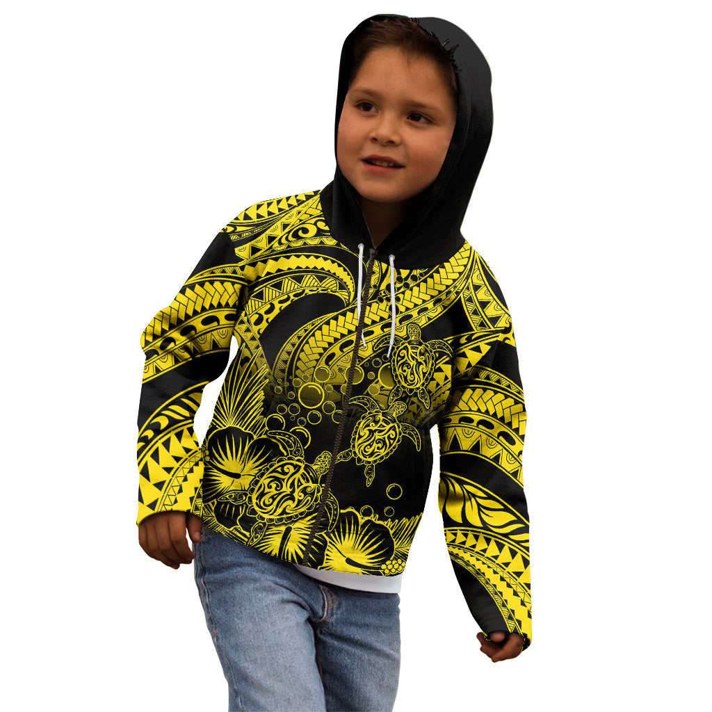 Personalised Polynesian Kid Hoodie Tribal Honu Turtle with Hibiscus Gold Version - Wonder Print Shop