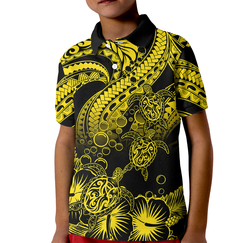 Custom Polynesian Polo Shirt for Kid Tribal Honu Turtle with Hibiscus Gold Version - Wonder Print Shop