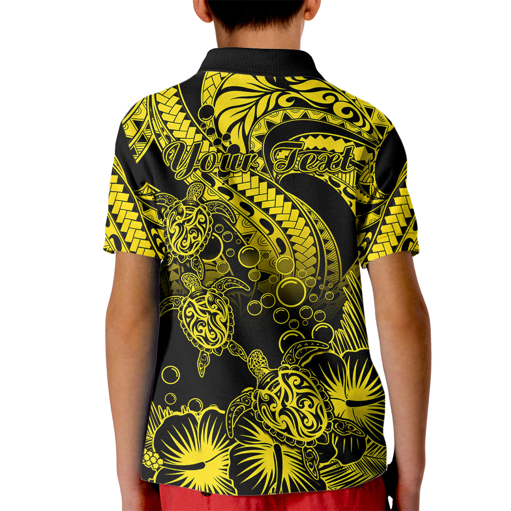 Custom Polynesian Polo Shirt for Kid Tribal Honu Turtle with Hibiscus Gold Version - Wonder Print Shop