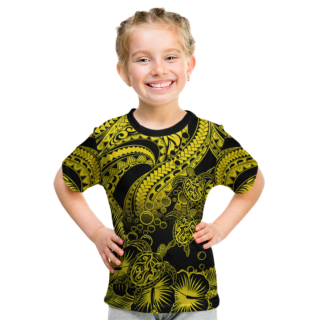 Personalised Polynesian Kid T Shirt Tribal Honu Turtle with Hibiscus Gold Version - Wonder Print Shop