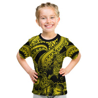 Personalised Polynesian Kid T Shirt Tribal Honu Turtle with Hibiscus Gold Version - Wonder Print Shop