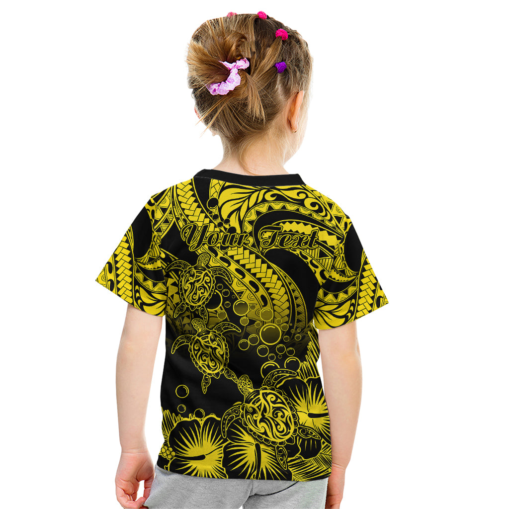 Personalised Polynesian Kid T Shirt Tribal Honu Turtle with Hibiscus Gold Version - Wonder Print Shop