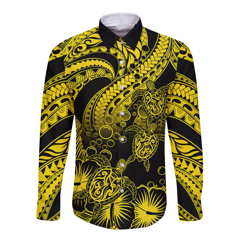 Personalised Polynesian Long Sleeve Button Shirt Tribal Honu Turtle with Hibiscus Gold Version - Wonder Print Shop