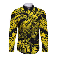 Personalised Polynesian Long Sleeve Button Shirt Tribal Honu Turtle with Hibiscus Gold Version - Wonder Print Shop