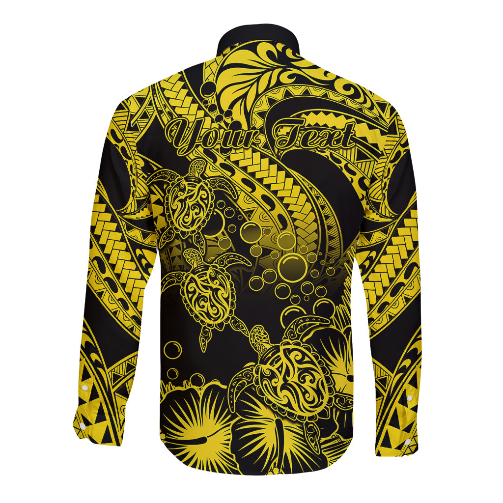 Personalised Polynesian Long Sleeve Button Shirt Tribal Honu Turtle with Hibiscus Gold Version - Wonder Print Shop