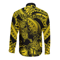 Personalised Polynesian Long Sleeve Button Shirt Tribal Honu Turtle with Hibiscus Gold Version - Wonder Print Shop