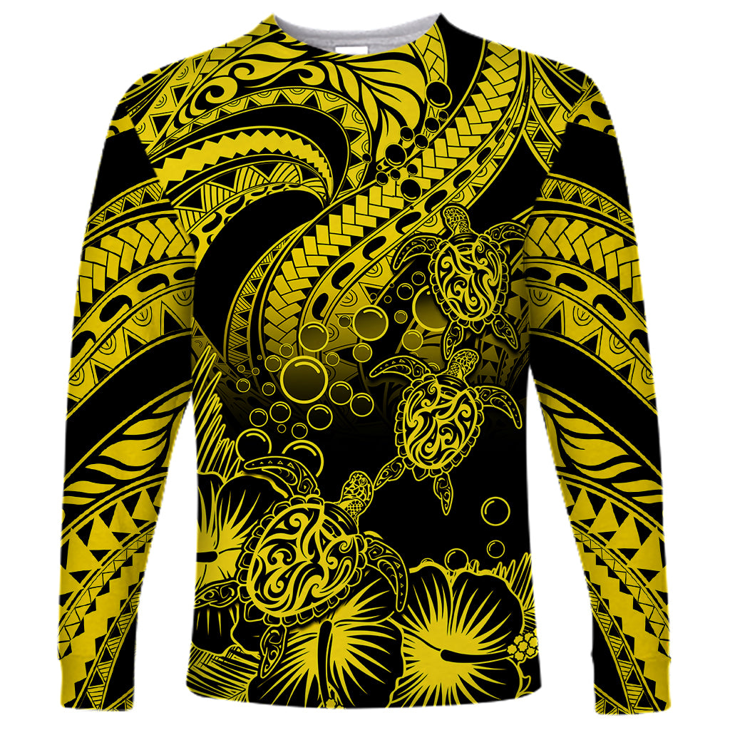 Personalised Polynesian Long Sleeve Shirt Tribal Honu Turtle with Hibiscus Gold Version - Wonder Print Shop