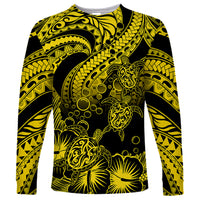 Personalised Polynesian Long Sleeve Shirt Tribal Honu Turtle with Hibiscus Gold Version - Wonder Print Shop