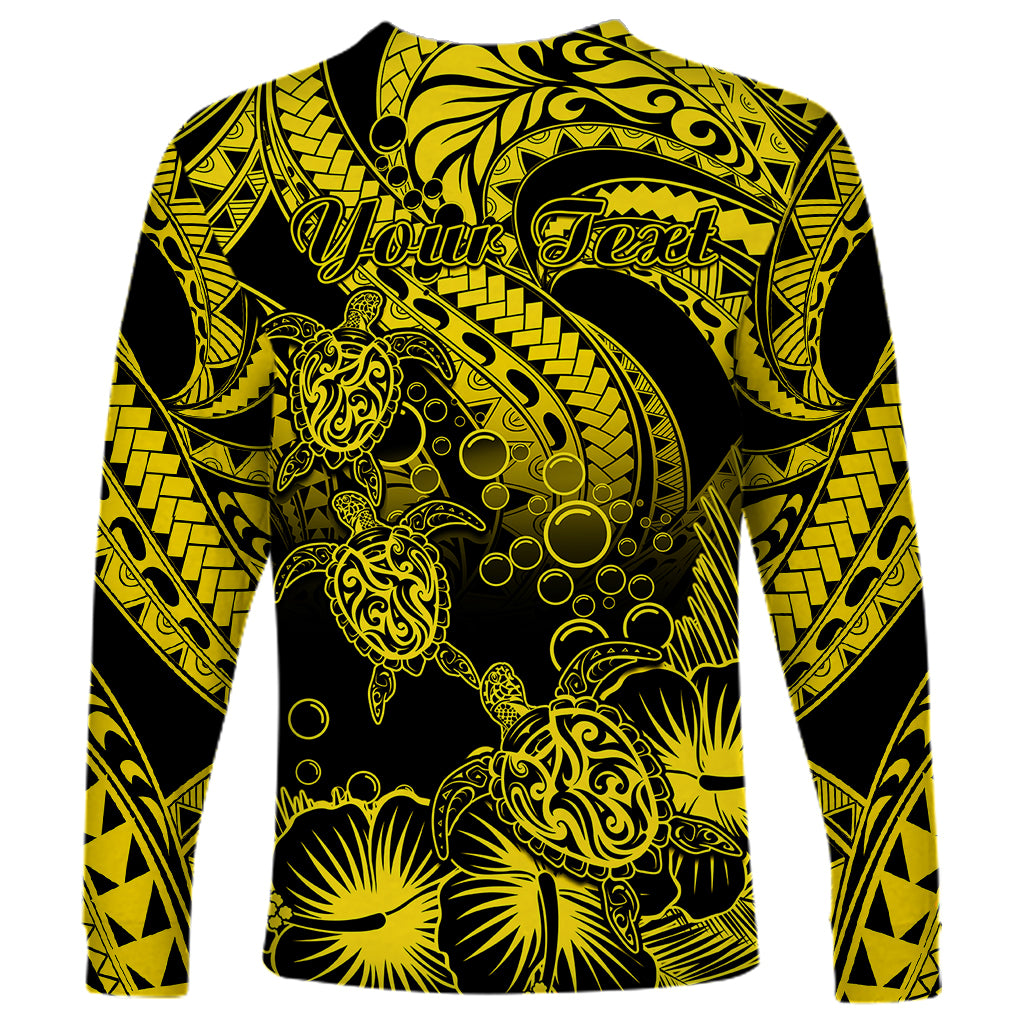 Personalised Polynesian Long Sleeve Shirt Tribal Honu Turtle with Hibiscus Gold Version - Wonder Print Shop