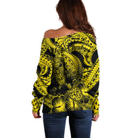 Personalised Polynesian Off Shoulder Sweater Tribal Honu Turtle with Hibiscus Gold Version - Wonder Print Shop