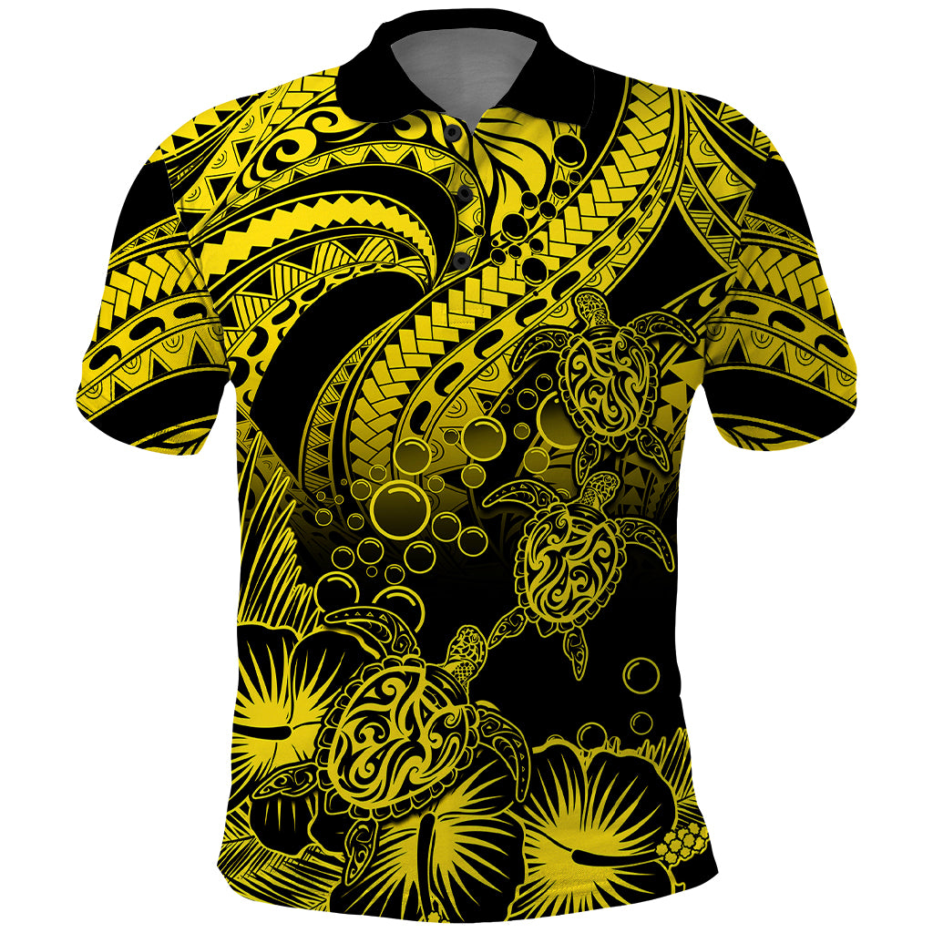 Custom Polynesian Polo Shirt Tribal Honu Turtle with Hibiscus Gold Version - Wonder Print Shop
