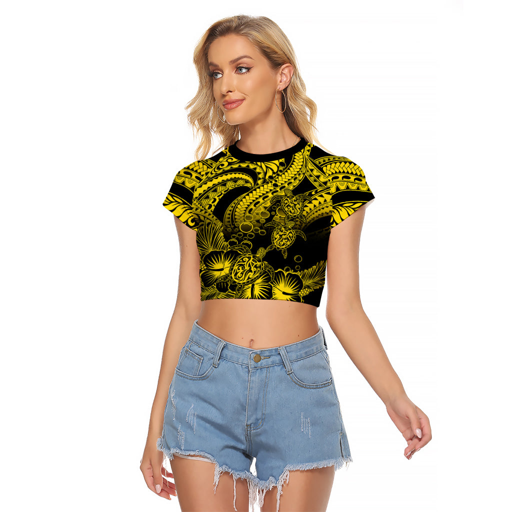 Personalised Polynesian Raglan Cropped T Shirt Tribal Honu Turtle with Hibiscus Gold Version - Wonder Print Shop