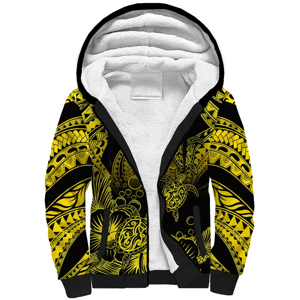 Personalised Polynesian Sherpa Hoodie Tribal Honu Turtle with Hibiscus Gold Version - Wonder Print Shop