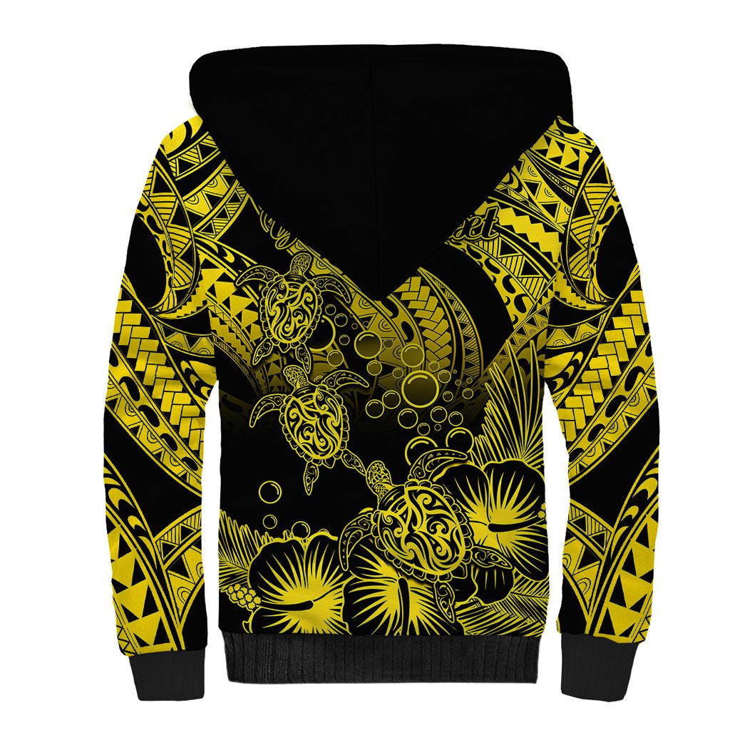 Personalised Polynesian Sherpa Hoodie Tribal Honu Turtle with Hibiscus Gold Version - Wonder Print Shop