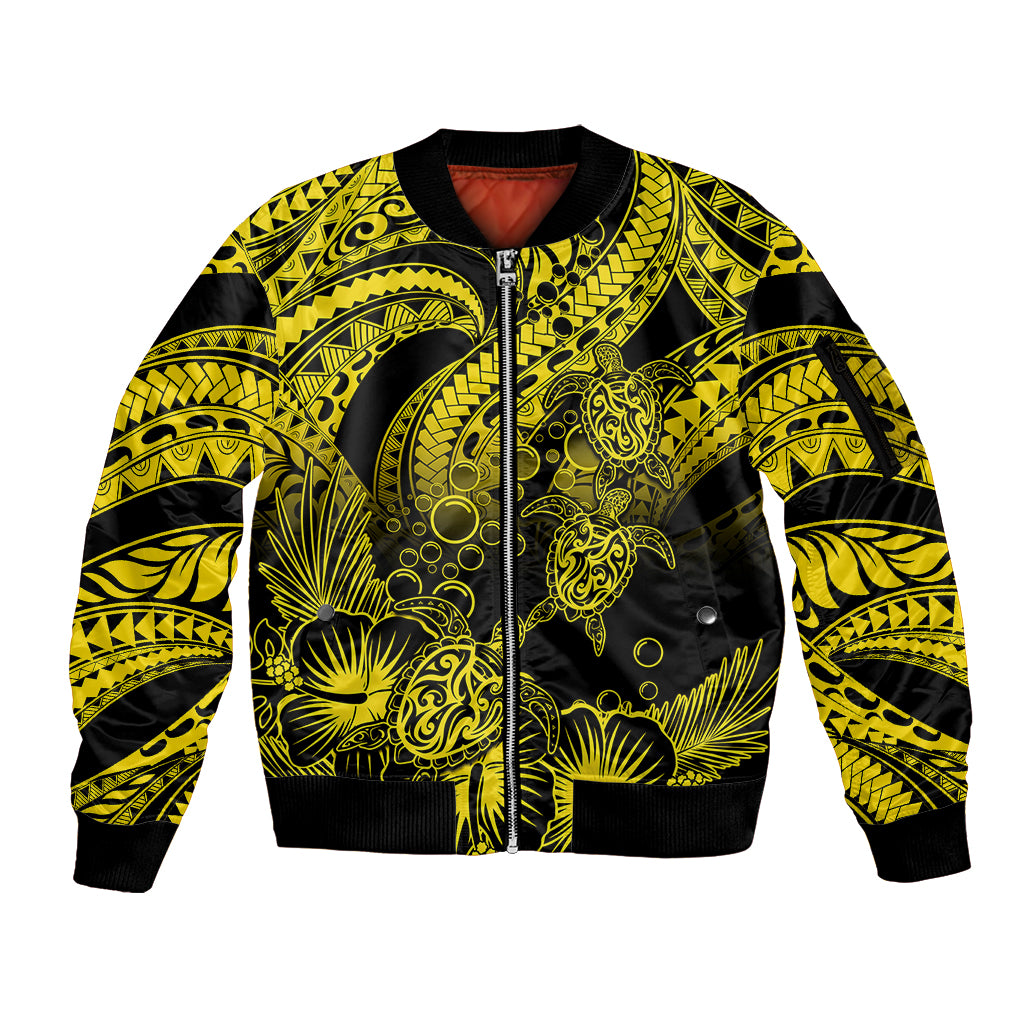 Personalised Polynesian Sleeve Zip Bomber Jacket Tribal Honu Turtle with Hibiscus Gold Version - Wonder Print Shop