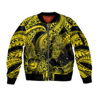 Personalised Polynesian Sleeve Zip Bomber Jacket Tribal Honu Turtle with Hibiscus Gold Version - Wonder Print Shop