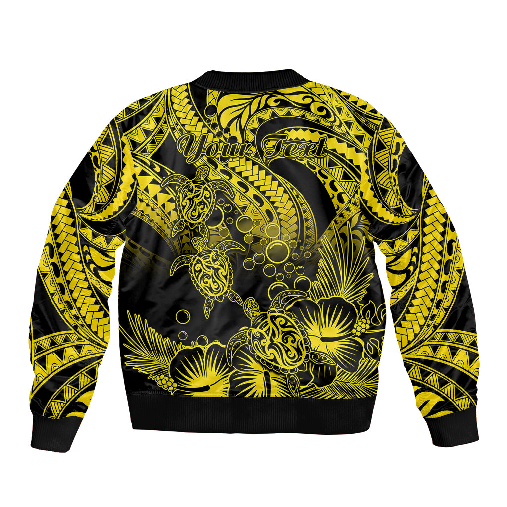 Personalised Polynesian Sleeve Zip Bomber Jacket Tribal Honu Turtle with Hibiscus Gold Version - Wonder Print Shop