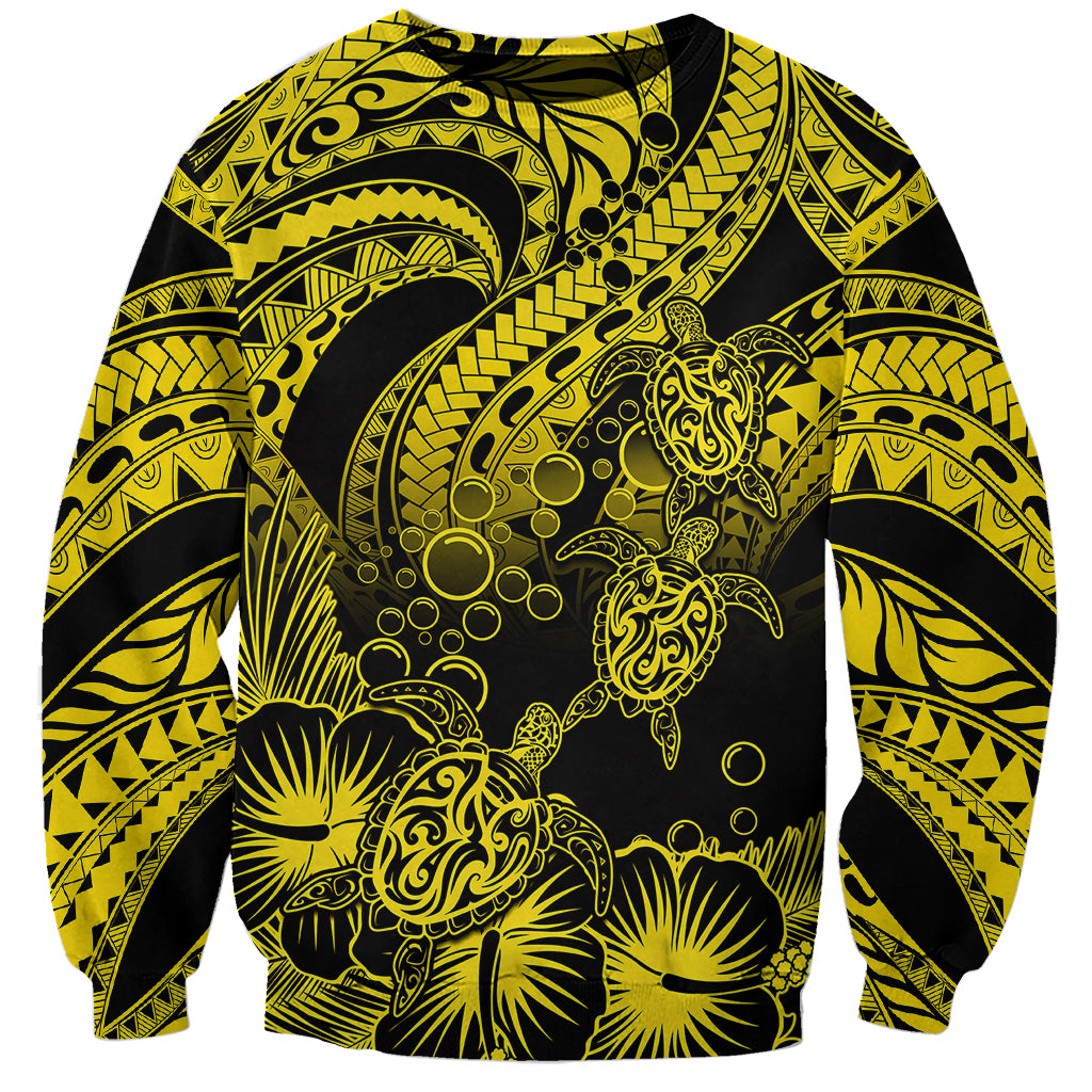 Personalised Polynesian Sweatshirt Tribal Honu Turtle with Hibiscus Gold Version - Wonder Print Shop