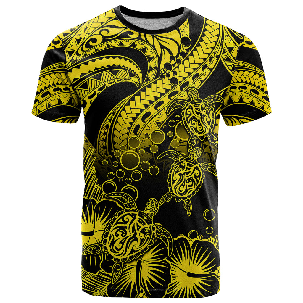 Personalised Polynesian T Shirt Tribal Honu Turtle with Hibiscus Gold Version - Wonder Print Shop