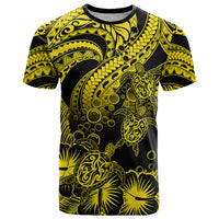 Personalised Polynesian T Shirt Tribal Honu Turtle with Hibiscus Gold Version - Wonder Print Shop