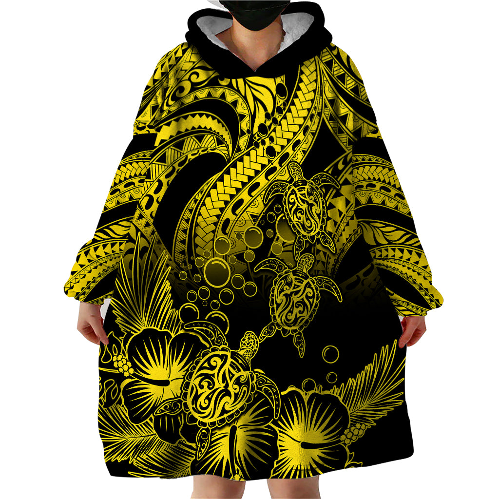 Personalised Polynesian Wearable Blanket Hoodie Tribal Honu Turtle with Hibiscus Gold Version - Wonder Print Shop