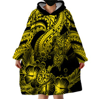 Personalised Polynesian Wearable Blanket Hoodie Tribal Honu Turtle with Hibiscus Gold Version - Wonder Print Shop