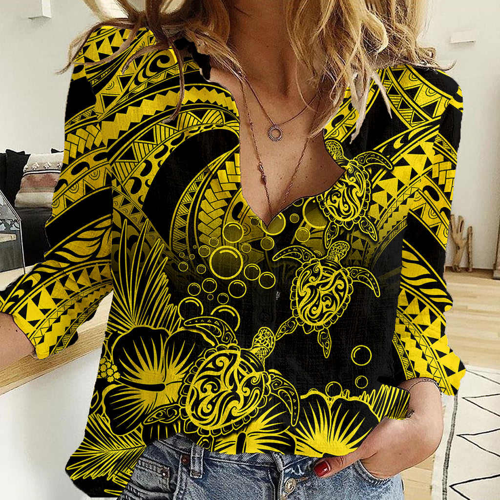 Personalised Polynesian Women Casual Shirt Tribal Honu Turtle with Hibiscus Gold Version - Wonder Print Shop