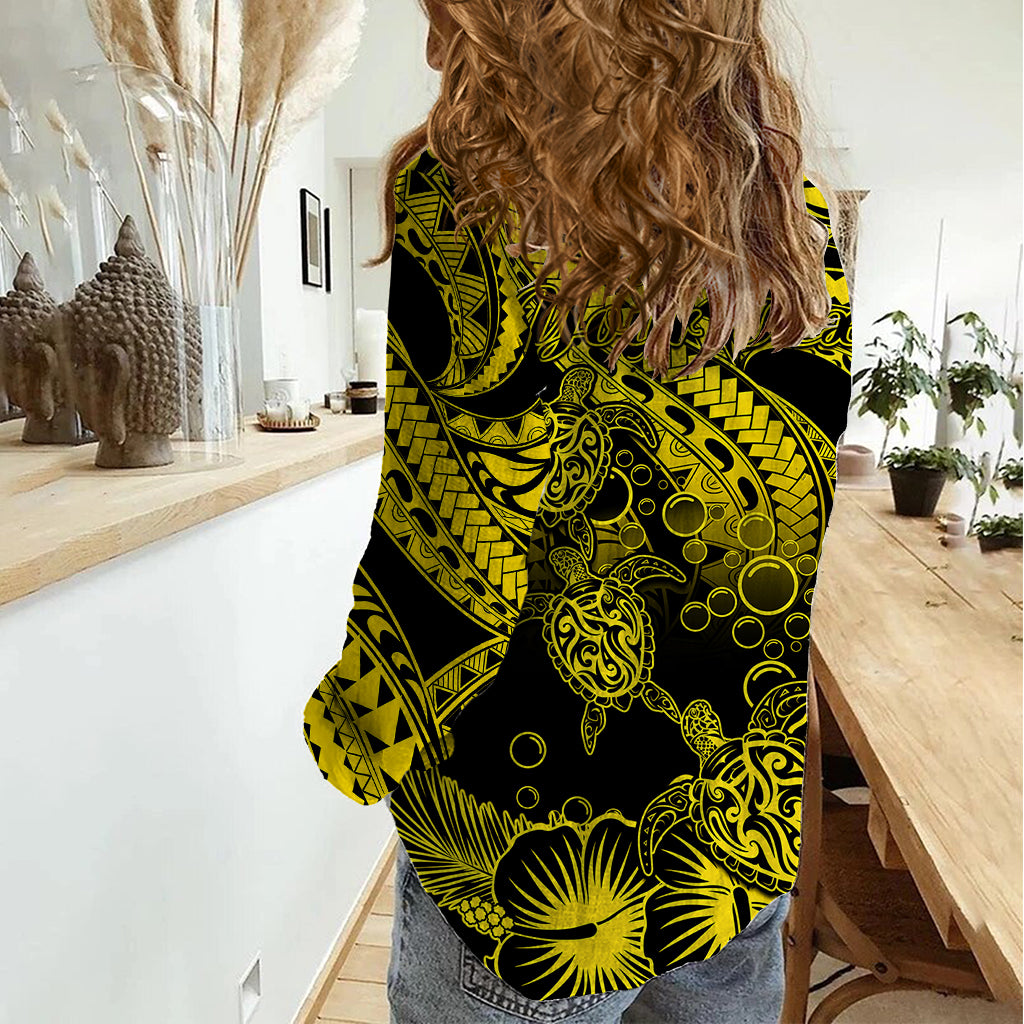 Personalised Polynesian Women Casual Shirt Tribal Honu Turtle with Hibiscus Gold Version - Wonder Print Shop