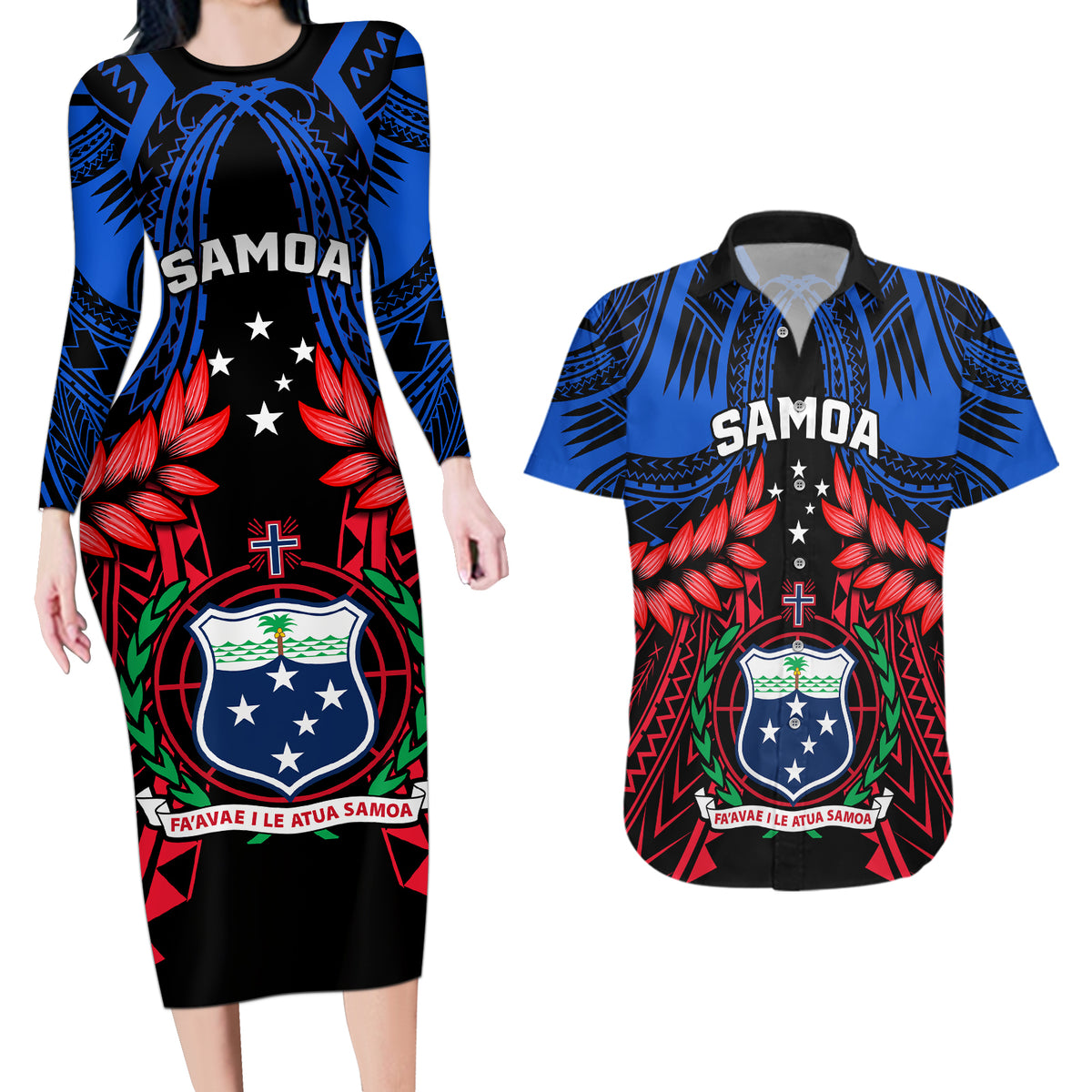 Samoa Couples Matching Long Sleeve Bodycon Dress and Hawaiian Shirt Heritage Festival Samoan Tattoo With Ula Fala Kava Bowl - Wonder Print Shop