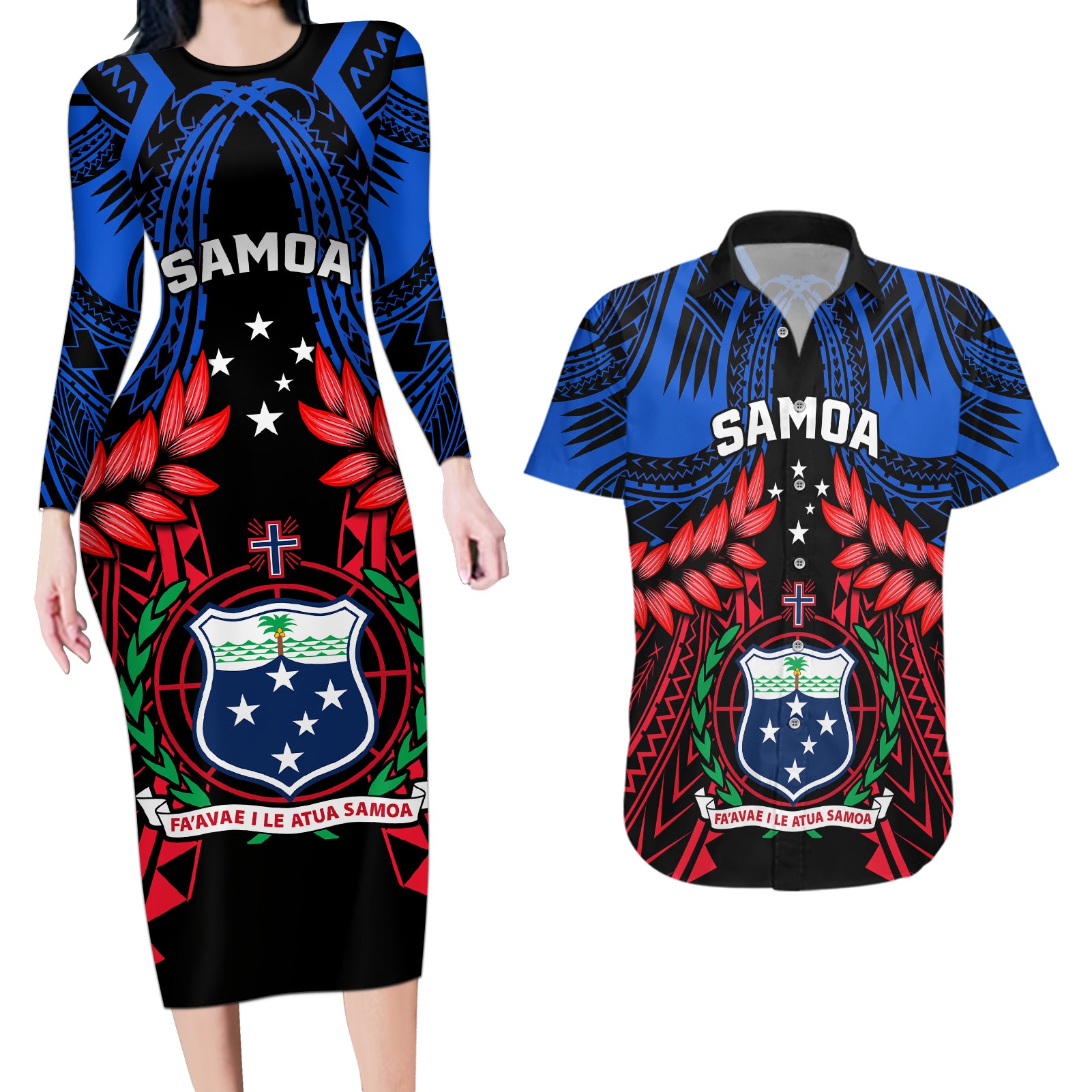 Samoa Couples Matching Long Sleeve Bodycon Dress and Hawaiian Shirt Heritage Festival Samoan Tattoo With Ula Fala Kava Bowl - Wonder Print Shop