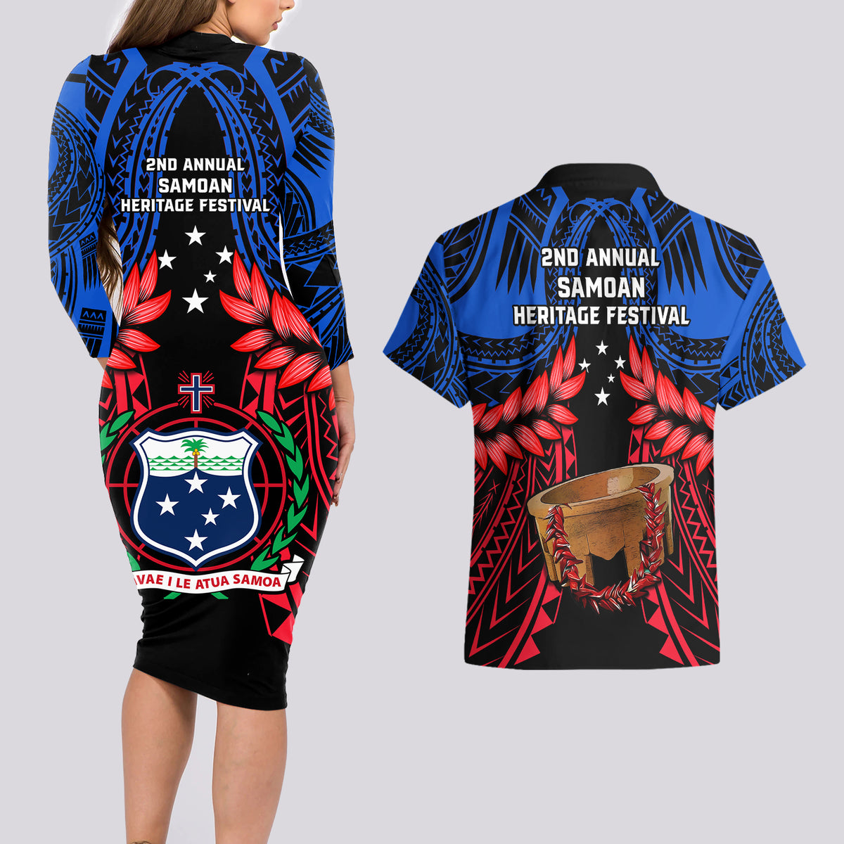 Samoa Couples Matching Long Sleeve Bodycon Dress and Hawaiian Shirt Heritage Festival Samoan Tattoo With Ula Fala Kava Bowl - Wonder Print Shop