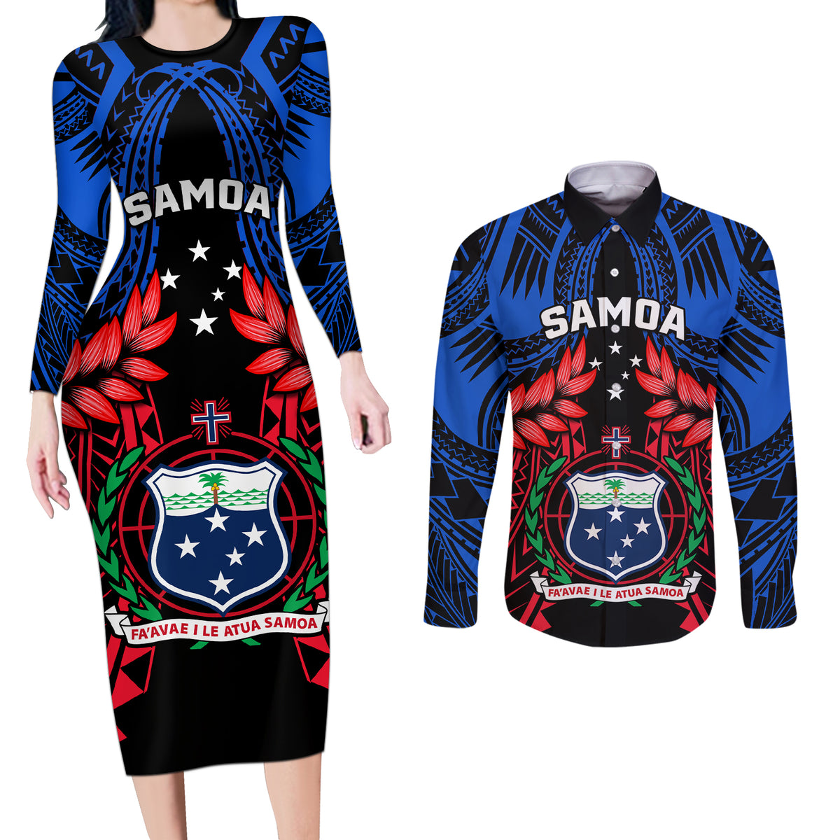 Samoa Couples Matching Long Sleeve Bodycon Dress and Long Sleeve Button Shirts Heritage Festival Samoan Tattoo With Ula Fala Kava Bowl - Wonder Print Shop
