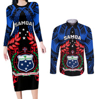 Samoa Couples Matching Long Sleeve Bodycon Dress and Long Sleeve Button Shirts Heritage Festival Samoan Tattoo With Ula Fala Kava Bowl - Wonder Print Shop