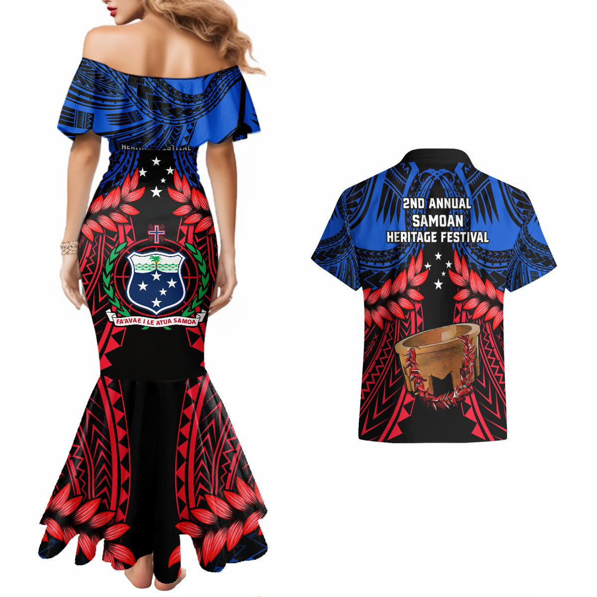 Samoa Couples Matching Mermaid Dress And Hawaiian Shirt Heritage Festival Samoan Tattoo With Ula Fala Kava Bowl - Wonder Print Shop