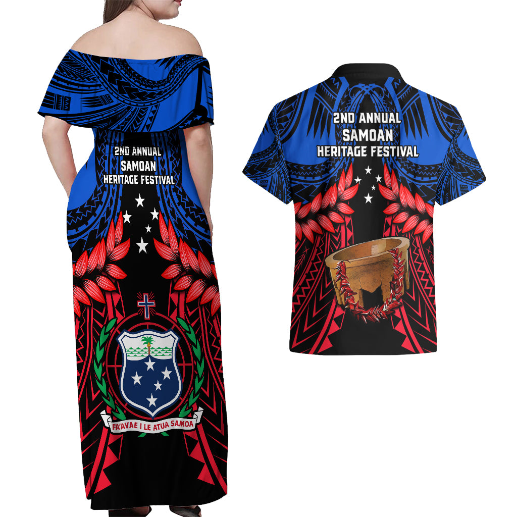 Samoa Couples Matching Off Shoulder Maxi Dress and Hawaiian Shirt Heritage Festival Samoan Tattoo With Ula Fala Kava Bowl - Wonder Print Shop