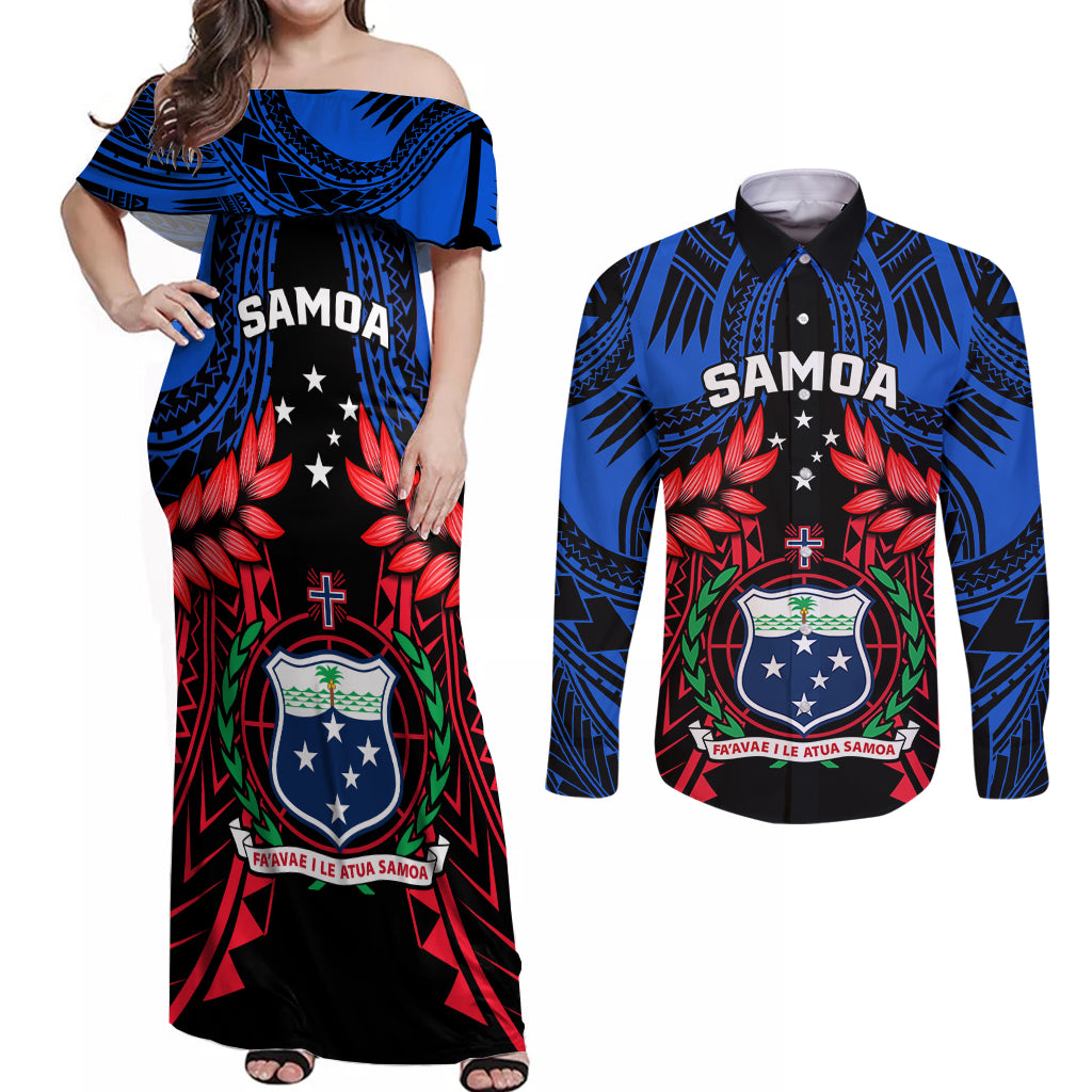 Samoa Couples Matching Off Shoulder Maxi Dress and Long Sleeve Button Shirts Heritage Festival Samoan Tattoo With Ula Fala Kava Bowl - Wonder Print Shop
