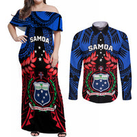 Samoa Couples Matching Off Shoulder Maxi Dress and Long Sleeve Button Shirts Heritage Festival Samoan Tattoo With Ula Fala Kava Bowl - Wonder Print Shop