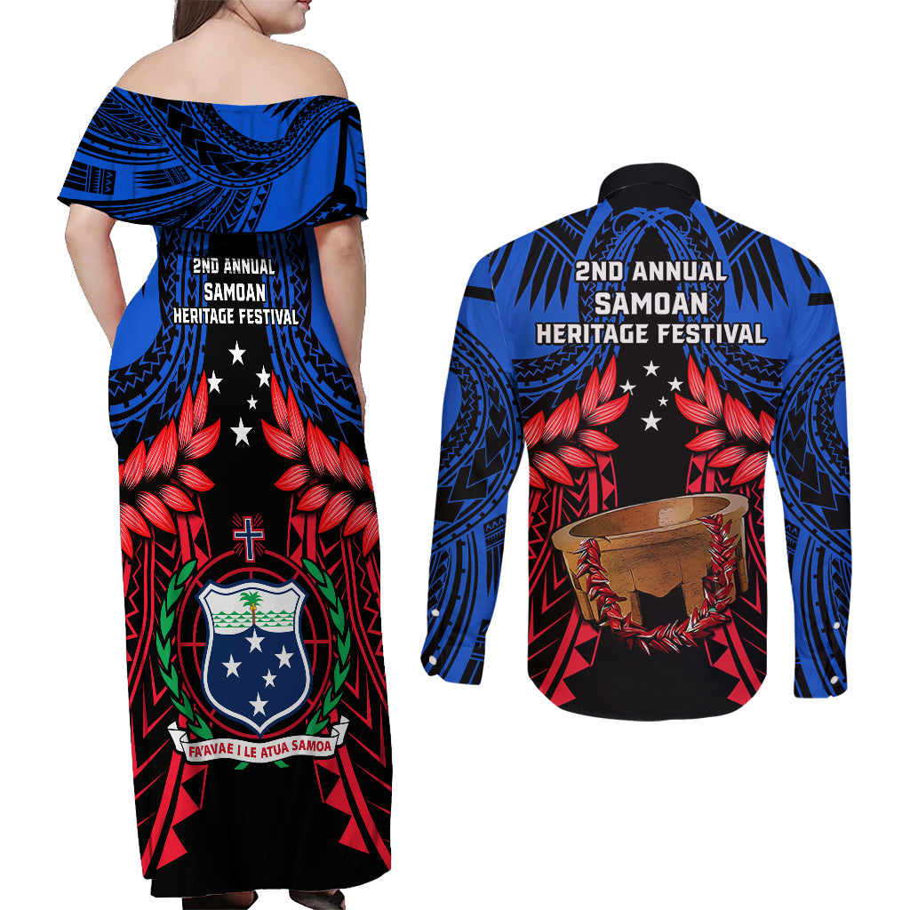 Samoa Couples Matching Off Shoulder Maxi Dress and Long Sleeve Button Shirts Heritage Festival Samoan Tattoo With Ula Fala Kava Bowl - Wonder Print Shop