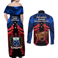Samoa Couples Matching Off Shoulder Maxi Dress and Long Sleeve Button Shirts Heritage Festival Samoan Tattoo With Ula Fala Kava Bowl - Wonder Print Shop