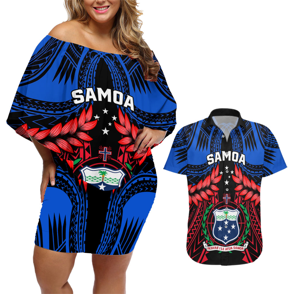 Samoa Couples Matching Off Shoulder Short Dress and Hawaiian Shirt Heritage Festival Samoan Tattoo With Ula Fala Kava Bowl - Wonder Print Shop