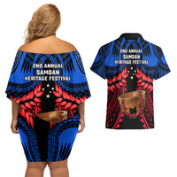 Samoa Couples Matching Off Shoulder Short Dress and Hawaiian Shirt Heritage Festival Samoan Tattoo With Ula Fala Kava Bowl - Wonder Print Shop