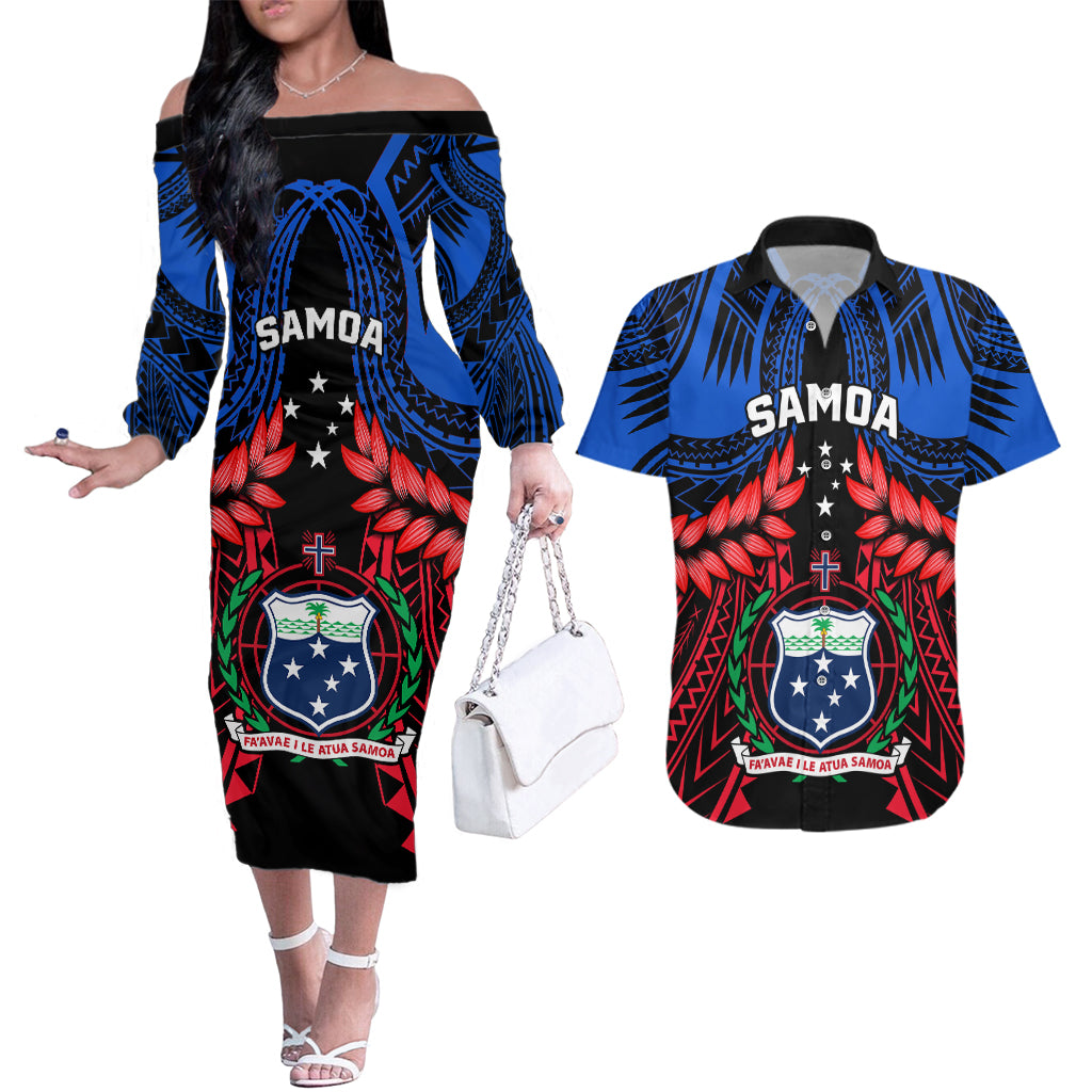 Samoa Couples Matching Off The Shoulder Long Sleeve Dress and Hawaiian Shirt Heritage Festival Samoan Tattoo With Ula Fala Kava Bowl - Wonder Print Shop