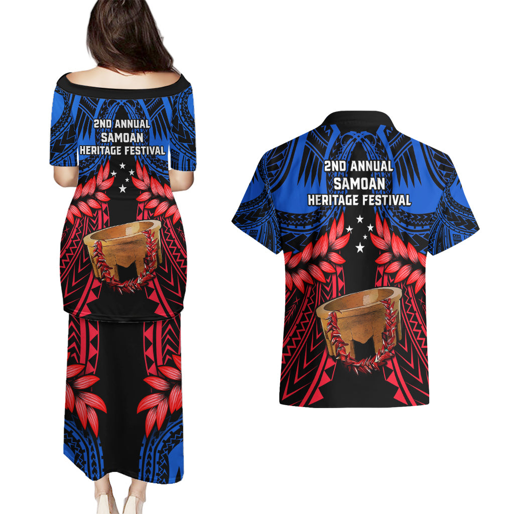 Samoa Couples Matching Puletasi Dress and Hawaiian Shirt Heritage Festival Samoan Tattoo With Ula Fala Kava Bowl - Wonder Print Shop