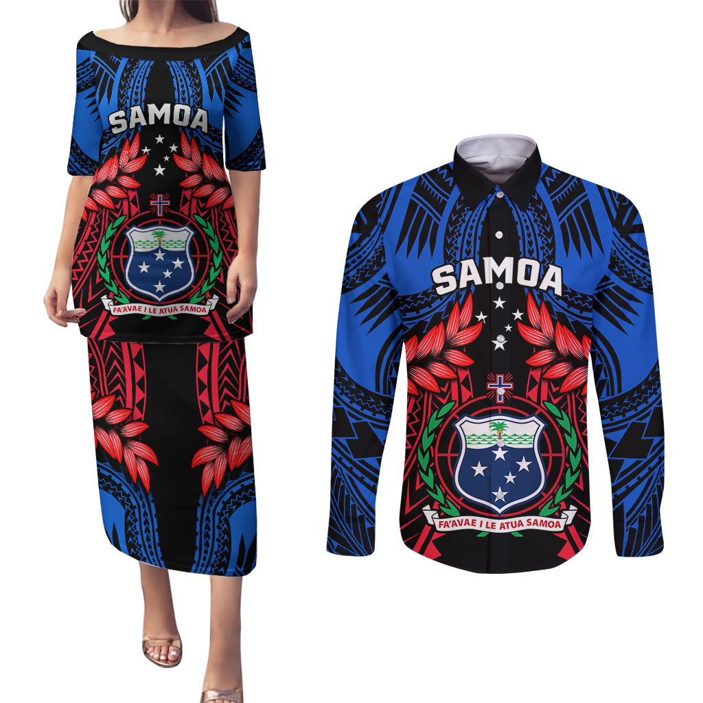 Samoa Couples Matching Puletasi Dress and Long Sleeve Button Shirts Heritage Festival Samoan Tattoo With Ula Fala Kava Bowl - Wonder Print Shop