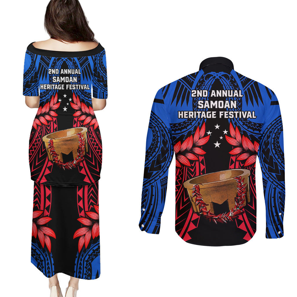 Samoa Couples Matching Puletasi Dress and Long Sleeve Button Shirts Heritage Festival Samoan Tattoo With Ula Fala Kava Bowl - Wonder Print Shop