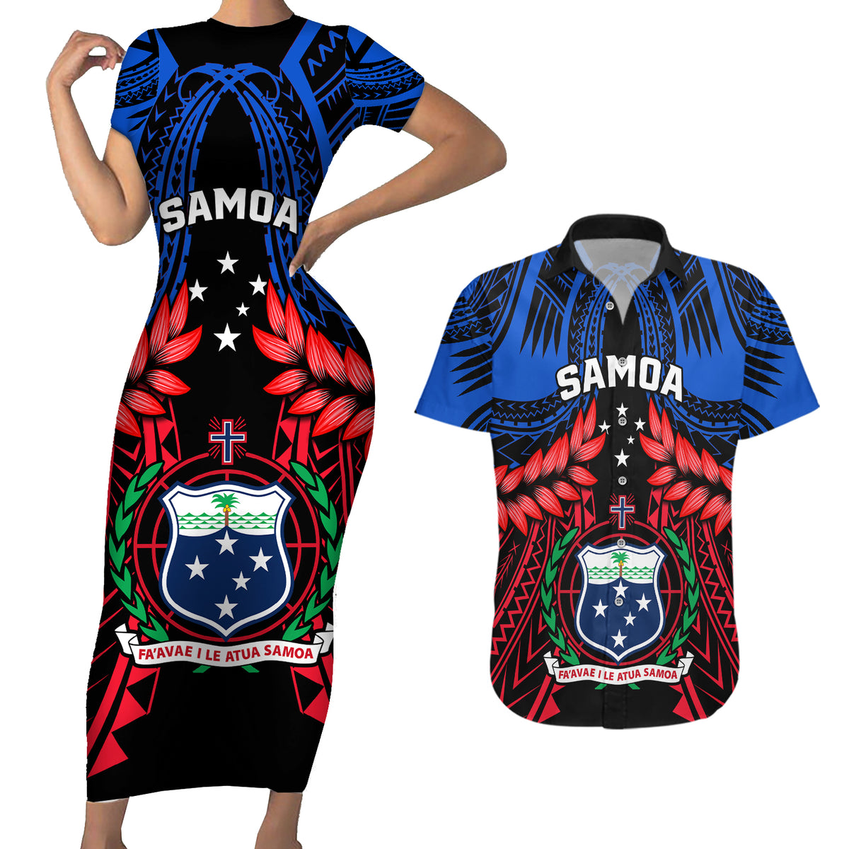 Samoa Couples Matching Short Sleeve Bodycon Dress and Hawaiian Shirt Heritage Festival Samoan Tattoo With Ula Fala Kava Bowl - Wonder Print Shop
