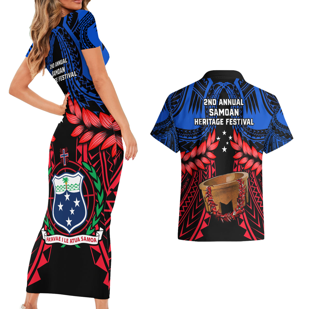 Samoa Couples Matching Short Sleeve Bodycon Dress and Hawaiian Shirt Heritage Festival Samoan Tattoo With Ula Fala Kava Bowl - Wonder Print Shop