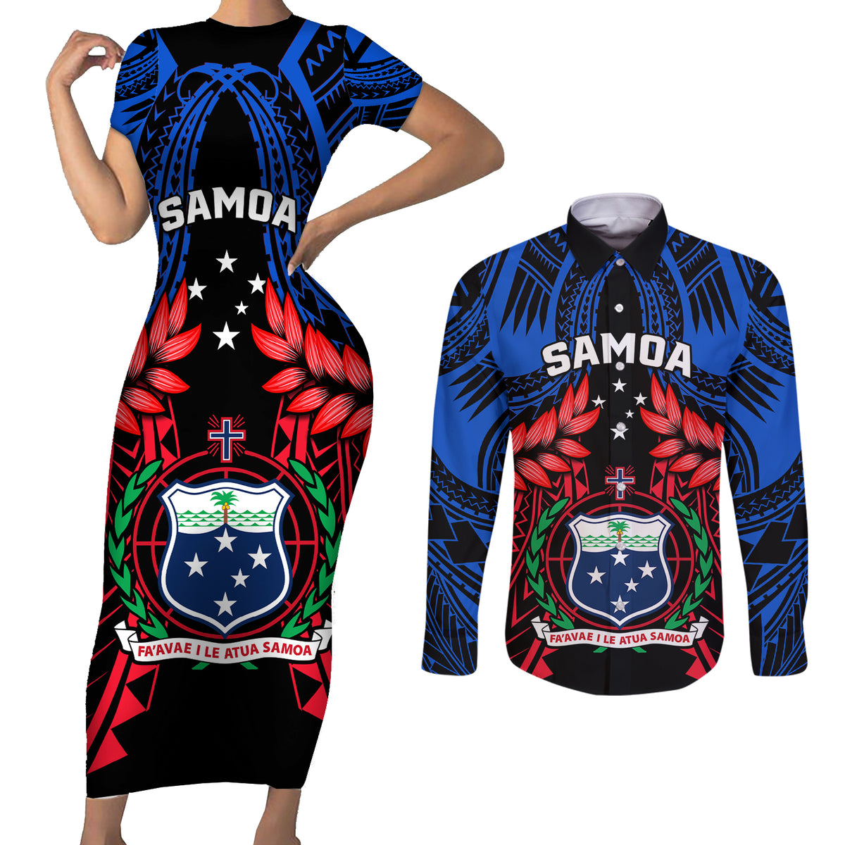 Samoa Couples Matching Short Sleeve Bodycon Dress and Long Sleeve Button Shirts Heritage Festival Samoan Tattoo With Ula Fala Kava Bowl - Wonder Print Shop