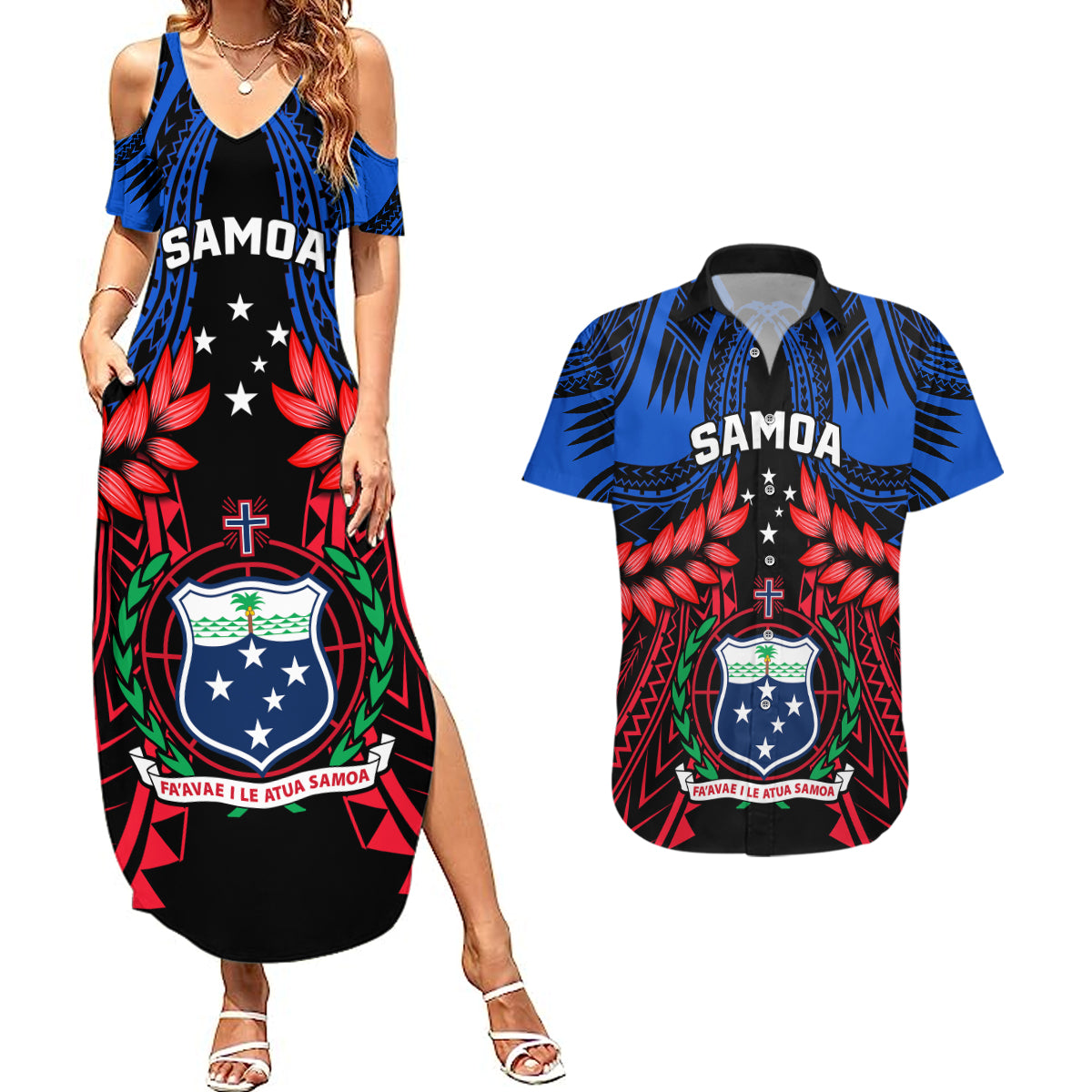 Samoa Couples Matching Summer Maxi Dress and Hawaiian Shirt Heritage Festival Samoan Tattoo With Ula Fala Kava Bowl - Wonder Print Shop
